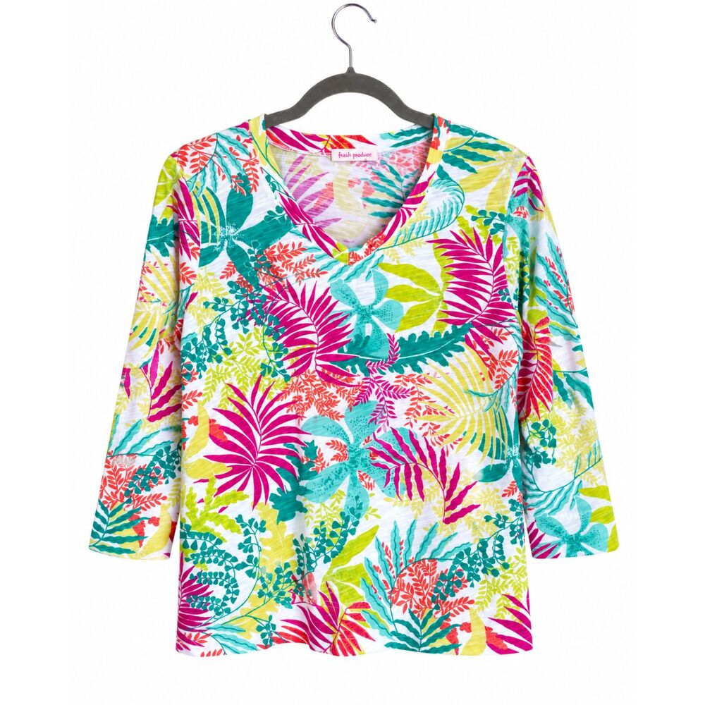 Fresh Produce Women’s Medium Tropical Floral V Neck 100% Cotton Top Made USA